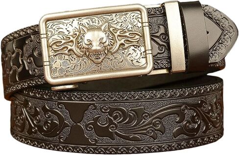 Leather Belt for Men, Mens Belt Ratchet Western Cowboy with Wolf Head Square Alloy Buckle Embossed Belt in Kuwait