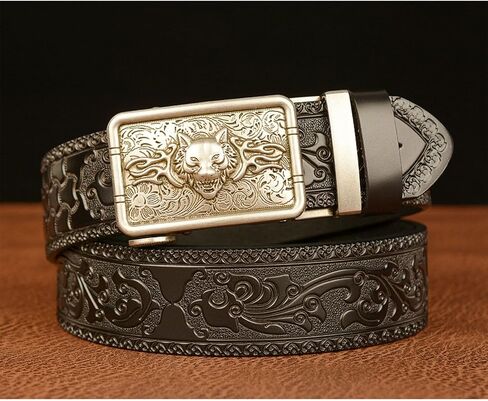 Leather Belt for Men, Mens Belt Ratchet Western Cowboy with Wolf Head Square Alloy Buckle Embossed Belt in Kuwait