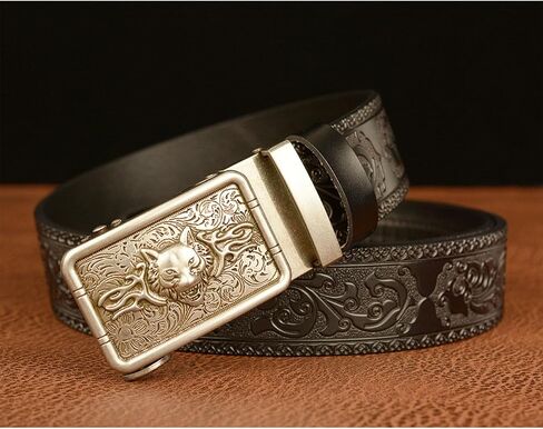 Leather Belt for Men, Mens Belt Ratchet Western Cowboy with Wolf Head Square Alloy Buckle Embossed Belt in Kuwait