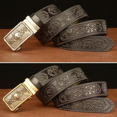 Leather Belt for Men, Mens Belt Ratchet Western Cowboy with Wolf Head Square Alloy Buckle Embossed Belt in Kuwait
