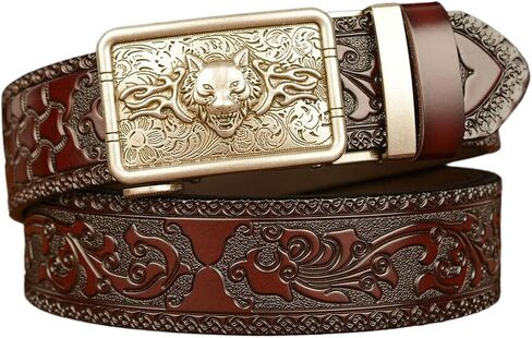 Leather Belt for Men, Mens Belt Ratchet Western Cowboy with Wolf Head Square Alloy Buckle Embossed Belt in Kuwait