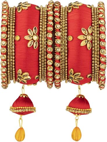 Aheli Royal Design Faux Stone Sudded Silk Thread Bangle Chudha مع Jhumki Tassel Hanging Wedding Weed Wear Gift for Women Blue in Saudi Arabia