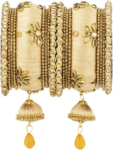 Aheli Royal Design Faux Stone Studded Silk Thread Bangle Chudha Set with Jhumki Tassel Hanging Indian Wedding Wear Fashion Jewelry Gift for Women Blue in Kuwait