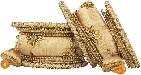 Aheli Royal Design Faux Stone Studded Silk Thread Bangle Chudha Set with Jhumki Tassel Hanging Indian Wedding Wear Fashion Jewelry Gift for Women Blue in Kuwait