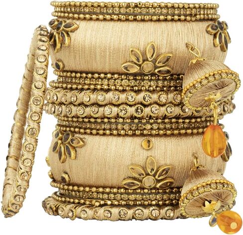 Aheli Royal Design Faux Stone Studded Silk Thread Bangle Chudha Set with Jhumki Tassel Hanging Indian Wedding Wear Fashion Jewelry Gift for Women Blue in Kuwait