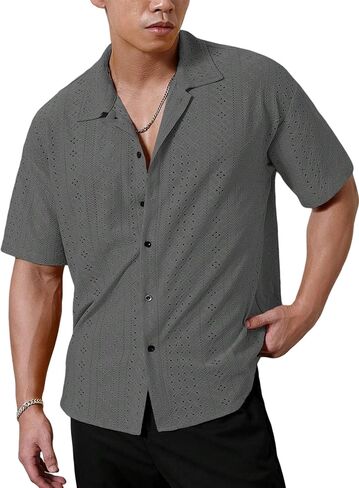 Men's Textured Fabric Tropical Resort Collection Short-Sleeve Shirt Breathable Bohemian Mesh Crochet-Knit Short-Sleeve Polo in Saudi Arabia