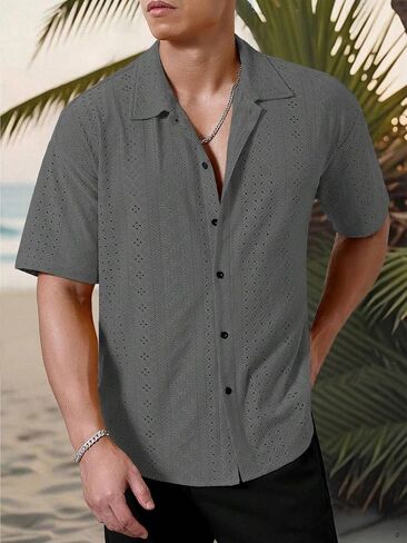 Men's Textured Fabric Tropical Resort Collection Short-Sleeve Shirt Breathable Bohemian Mesh Crochet-Knit Short-Sleeve Polo in Saudi Arabia