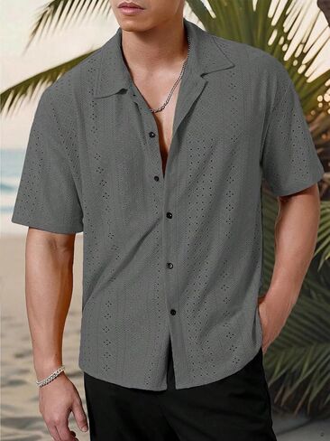 Men's Textured Fabric Tropical Resort Collection Short-Sleeve Shirt Breathable Bohemian Mesh Crochet-Knit Short-Sleeve Polo in Saudi Arabia