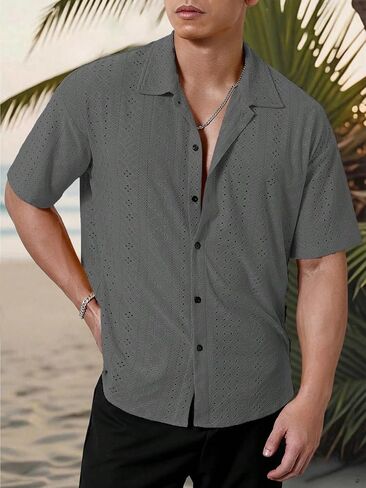 Men's Textured Fabric Tropical Resort Collection Short-Sleeve Shirt Breathable Bohemian Mesh Crochet-Knit Short-Sleeve Polo in Saudi Arabia