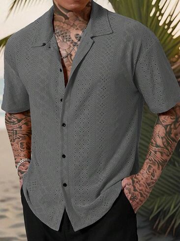 Men's Textured Fabric Tropical Resort Collection Short-Sleeve Shirt Breathable Bohemian Mesh Crochet-Knit Short-Sleeve Polo in Saudi Arabia