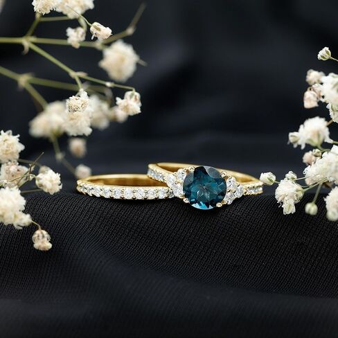 خاتم الخطوبة الحقيقي في لندن بلو توباز مع فرقة زفاف ، جودة AAA ، مجموعة من Topaz Moissanite Bridal Ring 8 مم in Saudi Arabia