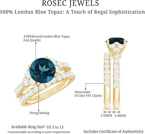 خاتم الخطوبة الحقيقي في لندن بلو توباز مع فرقة زفاف ، جودة AAA ، مجموعة من Topaz Moissanite Bridal Ring 8 مم in Saudi Arabia