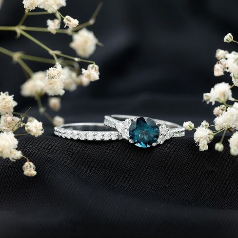 خاتم الخطوبة الحقيقي في لندن بلو توباز مع فرقة زفاف ، جودة AAA ، مجموعة من Topaz Moissanite Bridal Ring 8 مم in Kuwait