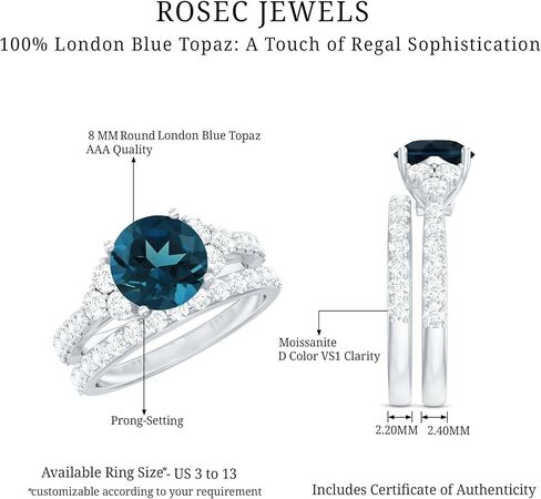خاتم الخطوبة الحقيقي في لندن بلو توباز مع فرقة زفاف ، جودة AAA ، مجموعة من Topaz Moissanite Bridal Ring 8 مم in Kuwait