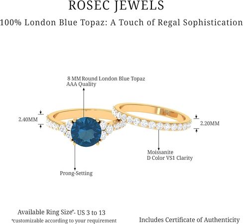 خاتم الخطوبة الحقيقي في لندن بلو توباز مع فرقة زفاف ، جودة AAA ، مجموعة من Topaz Moissanite Bridal Ring 8 مم in Saudi Arabia