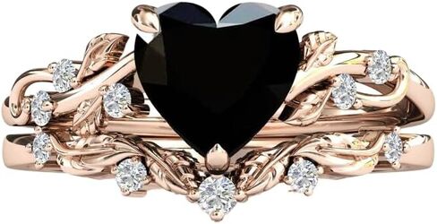 Generic Heart Shape Black Onyx Wedding Ring Set For Women Art Deco Vine Leaf Ring Set Antique Engagement Ring Set For Women in Saudi Arabia