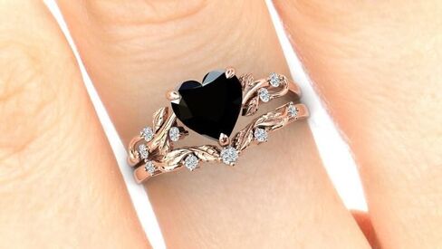 Generic Heart Shape Black Onyx Wedding Ring Set For Women Art Deco Vine Leaf Ring Set Antique Engagement Ring Set For Women in Saudi Arabia