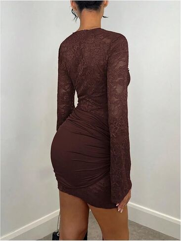 Verdusa Women's Floral Lace Mini Bodycon Dresses Tie Knot Long Sleeve Ruched Date Night Dress in Saudi Arabia