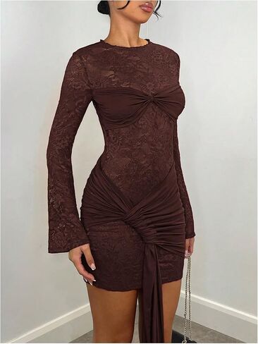 Verdusa Women's Floral Lace Mini Bodycon Dresses Tie Knot Long Sleeve Ruched Date Night Dress in Saudi Arabia