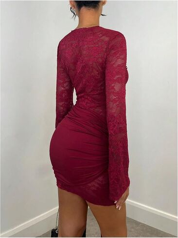Verdusa Women's Floral Lace Mini Bodycon Dresses Tie Knot Long Sleeve Ruched Date Night Dress in Saudi Arabia