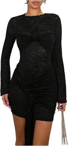 Verdusa Women's Floral Lace Mini Bodycon Dresses Tie Knot Long Sleeve Ruched Date Night Dress in Saudi Arabia