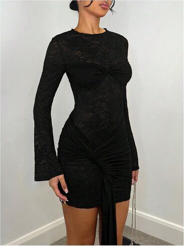 Verdusa Women's Floral Lace Mini Bodycon Dresses Tie Knot Long Sleeve Ruched Date Night Dress in Saudi Arabia