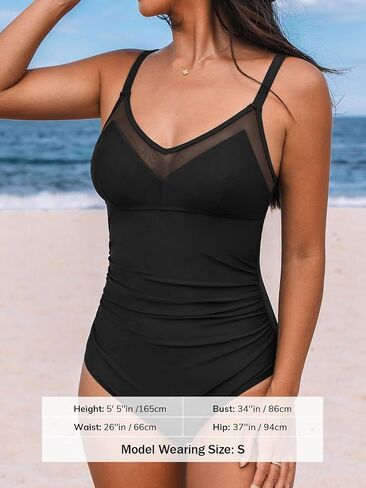 CUPSHE Women's One Piece Swimsuit Bathing Suit V Neck Back Hook Cutout Adjustable Straps Ruched Mesh in Saudi Arabia
