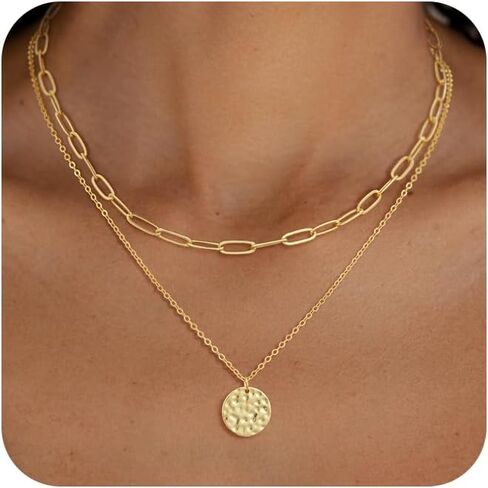 Layered Necklaces for Women 14K Gold Plated Stack Circle Pendant Trendy Long Chain Stackable Handmade Coin Necklace Set Dainty Gold Stacked Jewelry Gifts in Kuwait