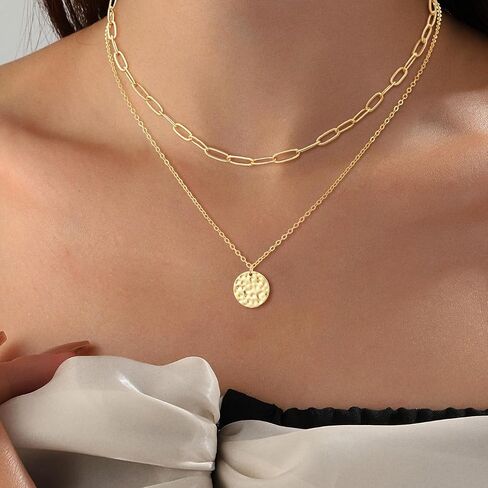 Layered Necklaces for Women 14K Gold Plated Stack Circle Pendant Trendy Long Chain Stackable Handmade Coin Necklace Set Dainty Gold Stacked Jewelry Gifts in Kuwait