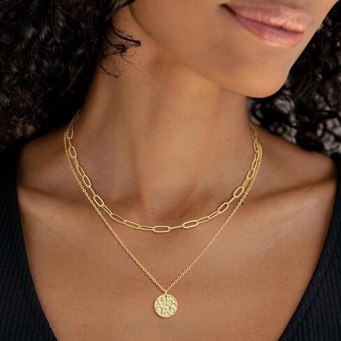 Layered Necklaces for Women 14K Gold Plated Stack Circle Pendant Trendy Long Chain Stackable Handmade Coin Necklace Set Dainty Gold Stacked Jewelry Gifts in Kuwait