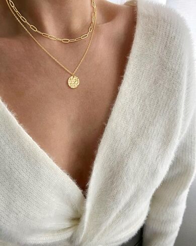 Layered Necklaces for Women 14K Gold Plated Stack Circle Pendant Trendy Long Chain Stackable Handmade Coin Necklace Set Dainty Gold Stacked Jewelry Gifts in Kuwait