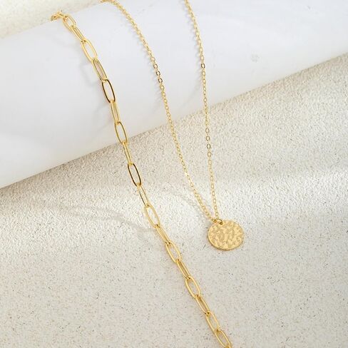 Layered Necklaces for Women 14K Gold Plated Stack Circle Pendant Trendy Long Chain Stackable Handmade Coin Necklace Set Dainty Gold Stacked Jewelry Gifts in Kuwait