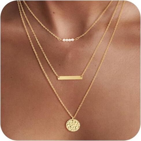 Layered Necklaces for Women 14K Gold Plated Stack Circle Pendant Trendy Long Chain Stackable Handmade Coin Necklace Set Dainty Gold Stacked Jewelry Gifts in Kuwait