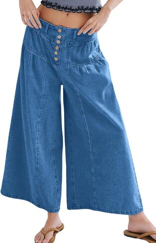CHARTOU Women Flare Wide Leg Jeans Baggy Cropped Mid Rise Jeans Pleated Ruffle Denim Pants with Pockets in Saudi Arabia