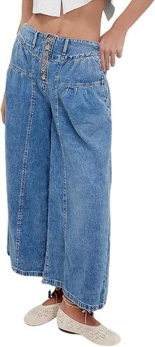 CHARTOU Women Flare Wide Leg Jeans Baggy Cropped Mid Rise Jeans Pleated Ruffle Denim Pants with Pockets in Saudi Arabia
