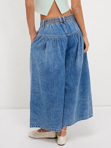 CHARTOU Women Flare Wide Leg Jeans Baggy Cropped Mid Rise Jeans Pleated Ruffle Denim Pants with Pockets in Saudi Arabia