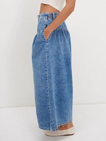 CHARTOU Women Flare Wide Leg Jeans Baggy Cropped Mid Rise Jeans Pleated Ruffle Denim Pants with Pockets in Saudi Arabia