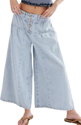 CHARTOU Women Flare Wide Leg Jeans Baggy Cropped Mid Rise Jeans Pleated Ruffle Denim Pants with Pockets in Saudi Arabia
