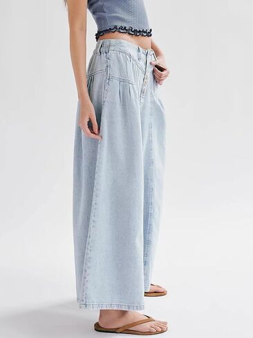 CHARTOU Women Flare Wide Leg Jeans Baggy Cropped Mid Rise Jeans Pleated Ruffle Denim Pants with Pockets in Saudi Arabia