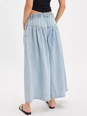 CHARTOU Women Flare Wide Leg Jeans Baggy Cropped Mid Rise Jeans Pleated Ruffle Denim Pants with Pockets in Saudi Arabia