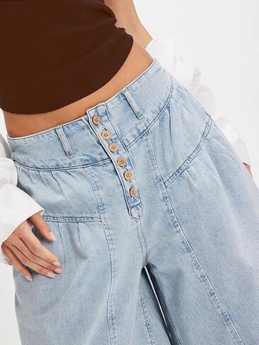 CHARTOU Women Flare Wide Leg Jeans Baggy Cropped Mid Rise Jeans Pleated Ruffle Denim Pants with Pockets in Saudi Arabia