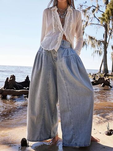 CHARTOU Women Flare Wide Leg Jeans Baggy Cropped Mid Rise Jeans Pleated Ruffle Denim Pants with Pockets in Saudi Arabia