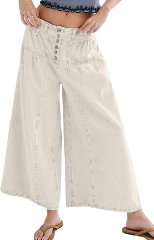 CHARTOU Women Flare Wide Leg Jeans Baggy Cropped Mid Rise Jeans Pleated Ruffle Denim Pants with Pockets in Saudi Arabia
