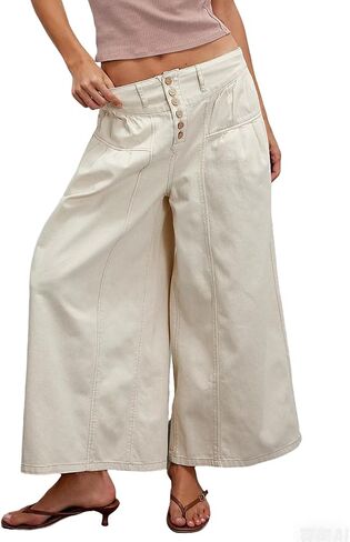 CHARTOU Women Flare Wide Leg Jeans Baggy Cropped Mid Rise Jeans Pleated Ruffle Denim Pants with Pockets in Saudi Arabia