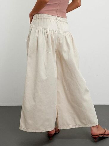 CHARTOU Women Flare Wide Leg Jeans Baggy Cropped Mid Rise Jeans Pleated Ruffle Denim Pants with Pockets in Saudi Arabia