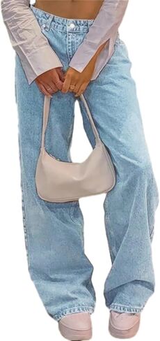 Straight Leg Jeans for Women Casual Washed Vintage Wide Fit Boyfriend Baggy Low Waisted Denim Pants with Snap-Button in Saudi Arabia