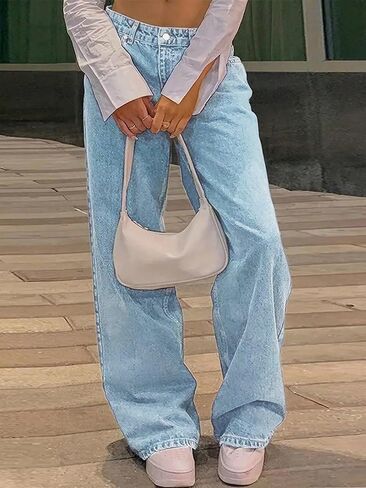 Straight Leg Jeans for Women Casual Washed Vintage Wide Fit Boyfriend Baggy Low Waisted Denim Pants with Snap-Button in Saudi Arabia