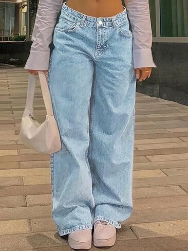 Straight Leg Jeans for Women Casual Washed Vintage Wide Fit Boyfriend Baggy Low Waisted Denim Pants with Snap-Button in Saudi Arabia