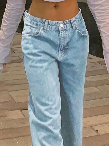 Straight Leg Jeans for Women Casual Washed Vintage Wide Fit Boyfriend Baggy Low Waisted Denim Pants with Snap-Button in Saudi Arabia