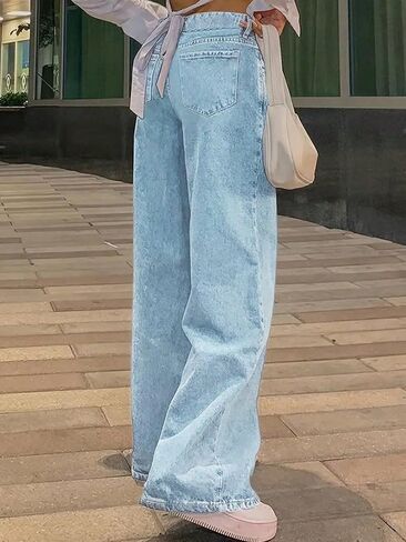 Straight Leg Jeans for Women Casual Washed Vintage Wide Fit Boyfriend Baggy Low Waisted Denim Pants with Snap-Button in Saudi Arabia